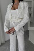 JAKARLI BLUZU TASARIM DETAYLI CEKET-PANTOLON-BLUZ 3 LÜ TAKIM - Beyaz resmi